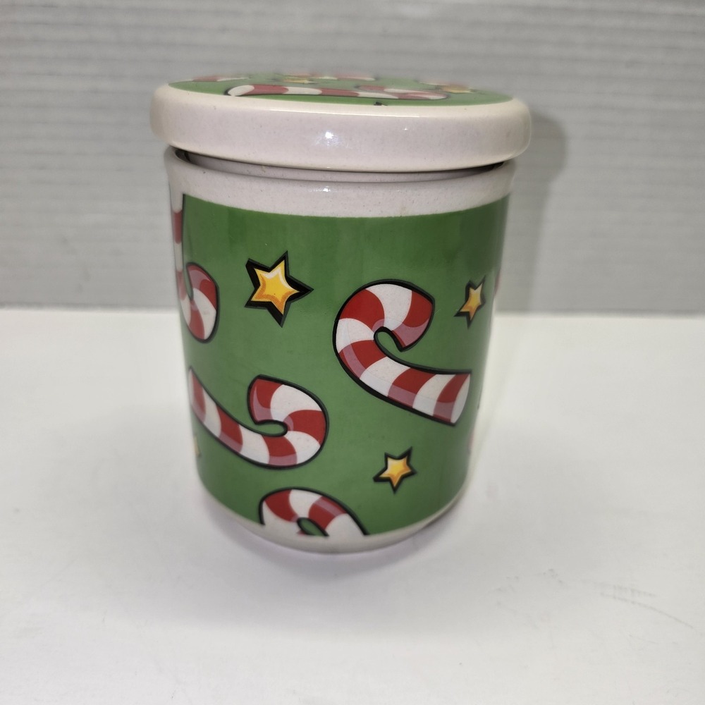 Merry Brite Candy Cane Hand Painted Lidded Canister Small Seasonal Adorable